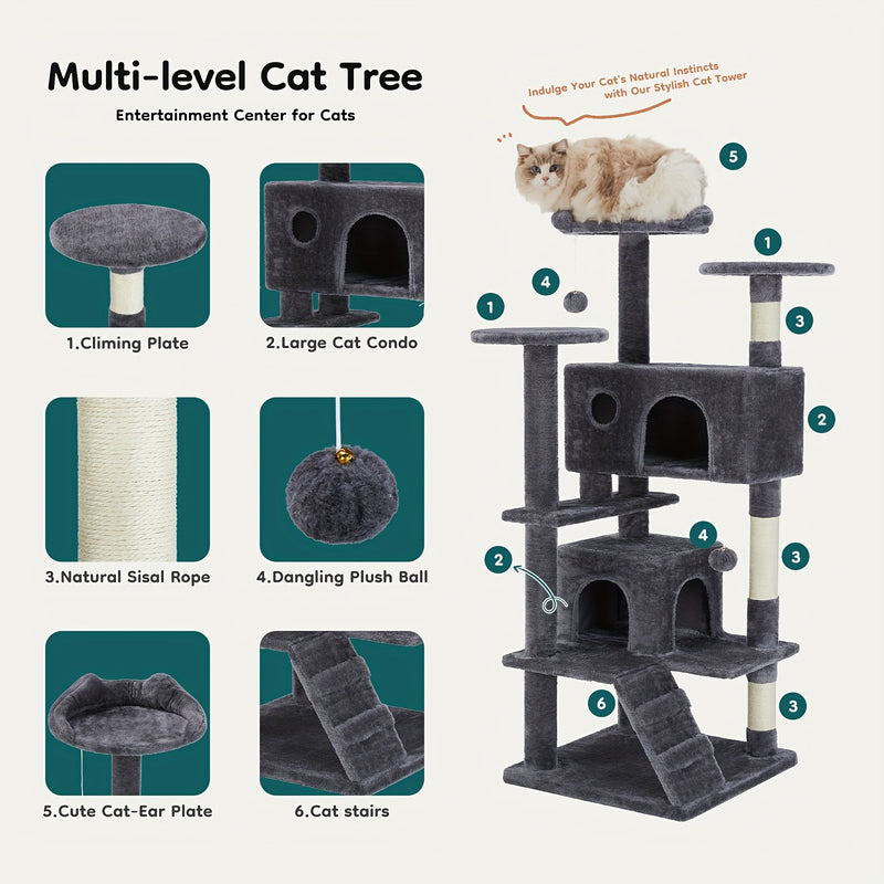 54" Multi-Level Cat Tree Tower with Scratching Posts and Condo